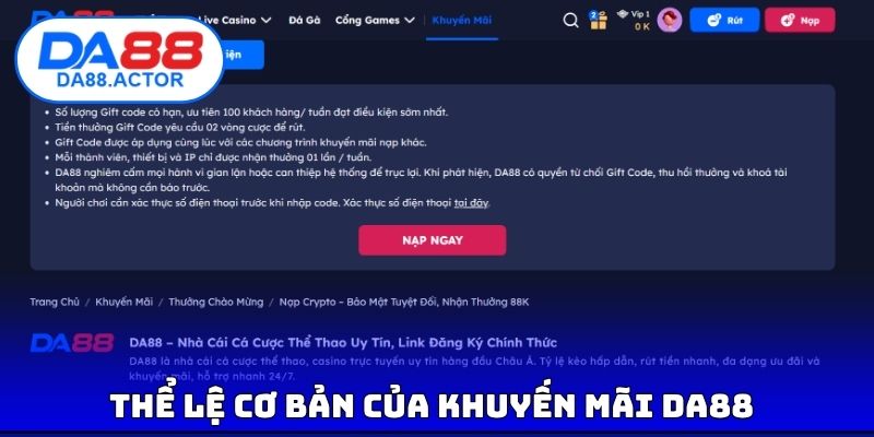 Thể lệ cơ bản của khuyến mãi DA88